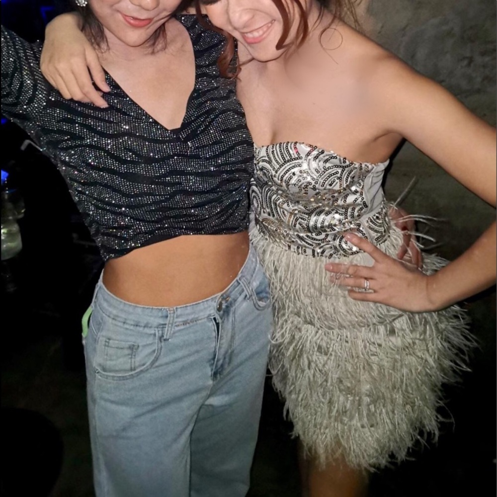 bebe feather and sequin strapless dress